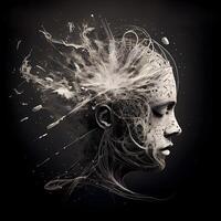3D rendering of a female face with hair in the wind., Image photo
