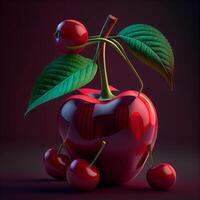 Cherry with leaves on a dark background. 3d illustration., Image photo