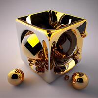 3d illustration of abstract geometric cube with gold and black balls., Image photo