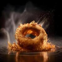 Falling rings of fried dough with smoke on a black background., Ai Generative Image photo