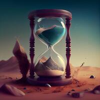 Sand clock on sand background. 3D illustration. Vintage style., Image photo