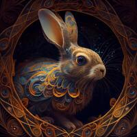 Easter bunny with ornamental frame on dark background. Digital painting., Image photo