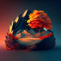 Illustration of a low poly landscape with a forest and a mountain, Image photo