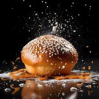 Bun with sesame seeds on a black background with water drops, Image photo