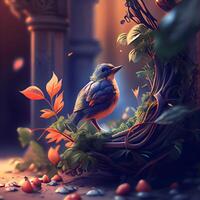 Fantasy scene with bird on the balcony. 3D illustration., Image photo