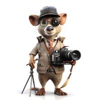 3D rendering of a cute mouse with a camera. Isolated on white background., Image photo