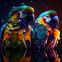 colorful parrots with drops of water on their feathers, digital painting, Image photo