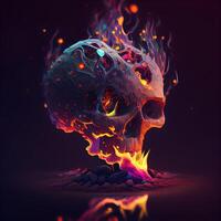 Burning human skull on dark background. 3d illustration. Halloween concept., Image photo