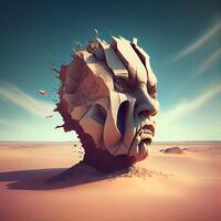 3D rendering of an alien head in the desert against a blue sky, Image photo
