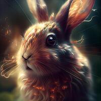 Conejo en el ligero de un ardiente guirnalda en un oscuro fondo, ai generativo imagen foto