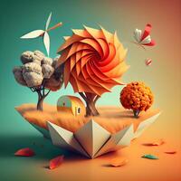 3d illustration of an abstract origami landscape with trees and plants, Image photo