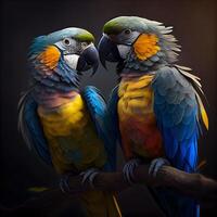 Two macaw parrots sitting on a branch on a black background, Image photo