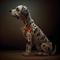 Dog sitting on a wooden floor with a black background. 3d rendering, Image photo