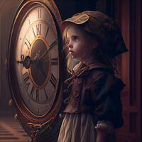 Little girl with a clock in her hands. 3d rendering., Image photo