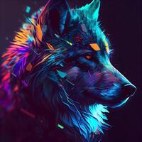 Neon portrait of a wolf. Digital painting. Artistic background., Image photo