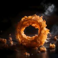 Falling donut with smoke on a dark background. Halloween concept, Ai Generative Image photo
