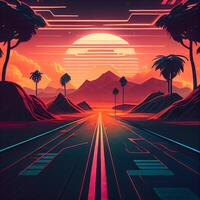 futurista paisaje con camino, palma arboles y puesta de sol. ilustración, ai generativo imagen foto