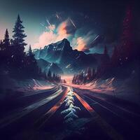 Fantasy landscape with a road in the mountains. Digital painting., Image photo