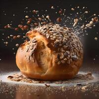 Freshly baked croissant sprinkled with powdered sugar on black background, Image photo