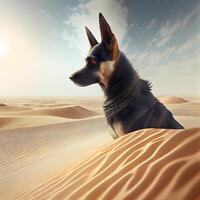 German shepherd in the desert. 3d render. Conceptual image, Image photo