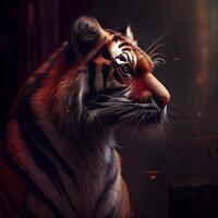 Portrait of a tiger in a dark room with a fire., Image photo