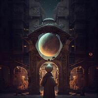 Fantasy illustration of a man in front of an old mosque., Image photo