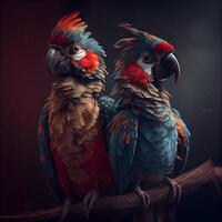 Beautiful macaw parrots on a dark background. Tropical birds., Image photo