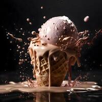 ice cream splashing out of a waffle cone on a dark background, Image photo