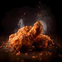 Fried chicken on a black background with smoke. Selective focus., Image photo