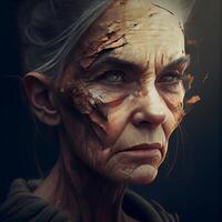 Portrait of an old woman with painted face. Halloween theme., Image photo