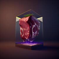 Raw beef meat in a glass cube. Realistic illustration., Image photo