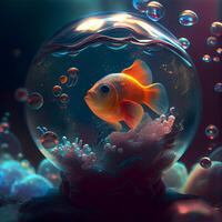 3d ilustración de un pez de colores en un vaso acuario con burbujas, ai generativo imagen foto