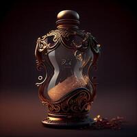 3d illustration of an old bottle with a magic potion on a dark background, Image photo