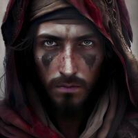 Portrait of Jesus Christ with blood on his face and red cloth, Image photo
