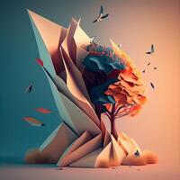 3d render, abstract background with origami tree in the style of origami, Image photo