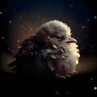 Little bird in a snowy forest at night. Digital painting. 3D illustration., Image photo