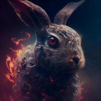 Rabbit in the fire on a dark background. 3d rendering, Image photo