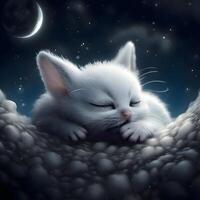 Cute white kitten sleeping on the moon, 3D illustration., Image photo