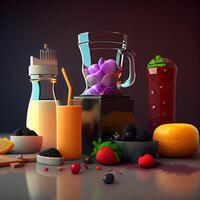 Fruit smoothie in blender with fresh fruits and berries, illustration, Image photo