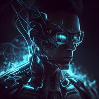 3d representación de un masculino cyborg aislado en negro fondo., ai generativo imagen foto