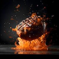 Grilled steak on fire with flames and smoke on a black background, Ai Generative Image photo