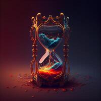 Hourglass with fire and smoke on dark background. 3D rendering, Image photo