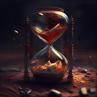 ardiente reloj de arena en un oscuro antecedentes. 3d representación., ai generativo imagen foto