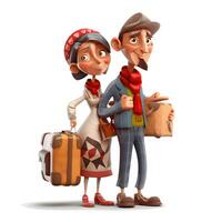 3d illustration of a cute couple in traditional clothes with a bag, Image photo