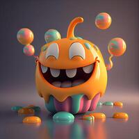 Funny Halloween monster with balloons. 3d render illustration on dark background, Image photo