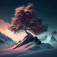 Beautiful winter landscape with snowy mountain and tree. 3d render, Image photo