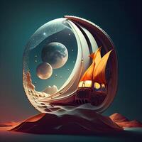 sailing ship in the sea with moon and stars, 3d illustration, Image photo