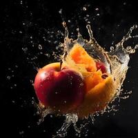 Fruta salpicaduras dentro un vaso de agua en un oscuro fondo, ai generativo imagen foto