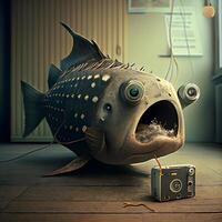 Pirate fish in the room. 3D illustration. Vintage style., Image photo