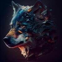 Fractal 3d illustration of a wolf with cracked background., Image photo